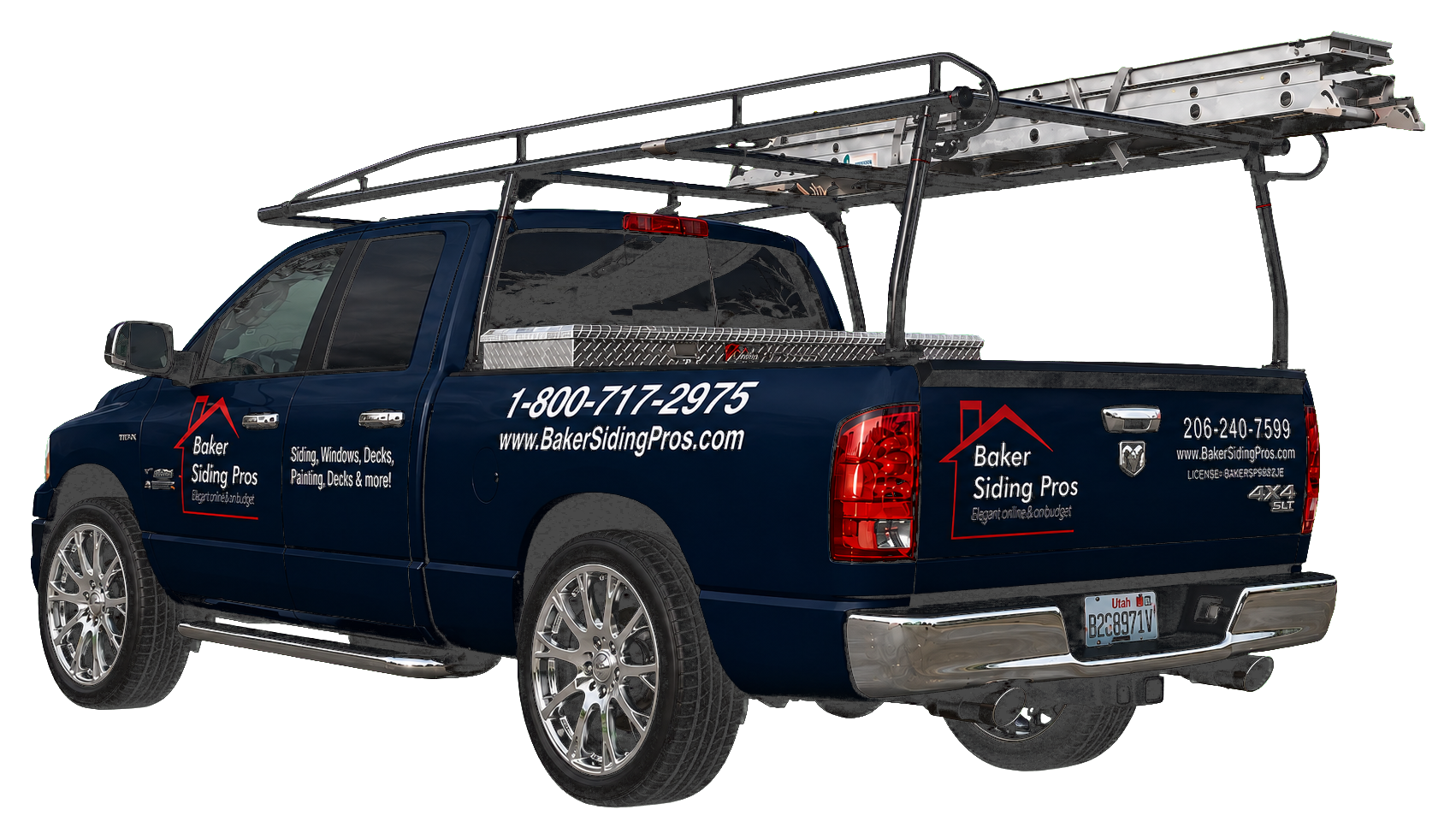 Navy Baker Siding Pros Dodge Ram with matched chrome wheels, black window trim, and a pristine glossy black ladder rack